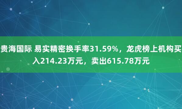 贵海国际 易实精密换手率31.59%，龙虎榜上机构买入214.23万元，卖出615.78万元